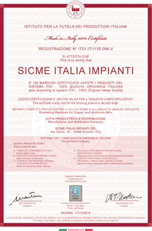 SICME Italiaimpianti MC S.r.l. 100% Made in Italy certificate